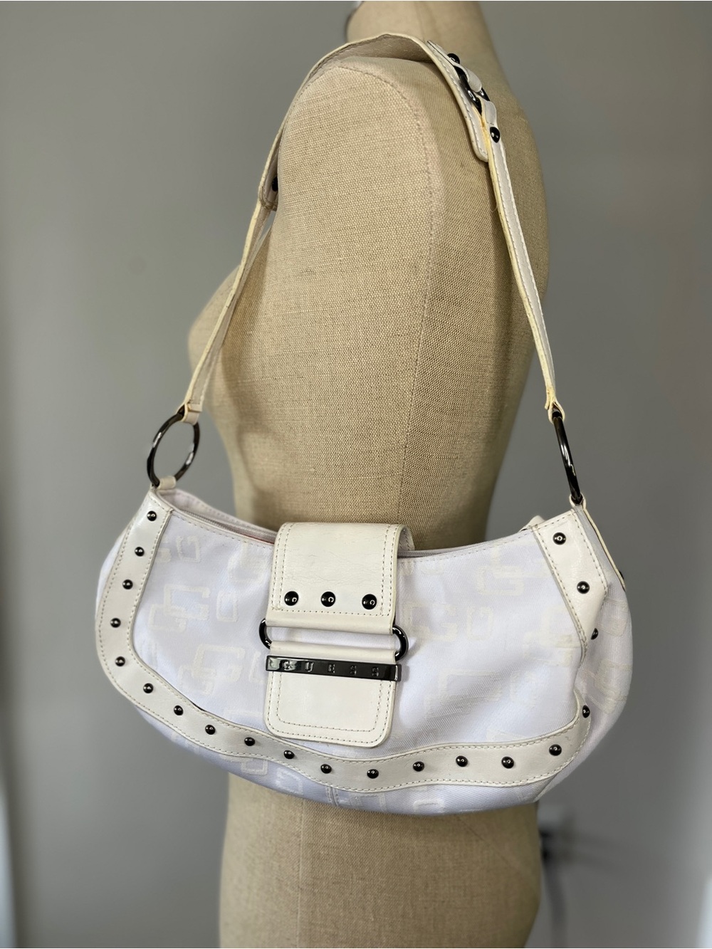 Y2K GUESS White Monogram Studded  Shoulder Bag Baguette Purse, Logo, silver